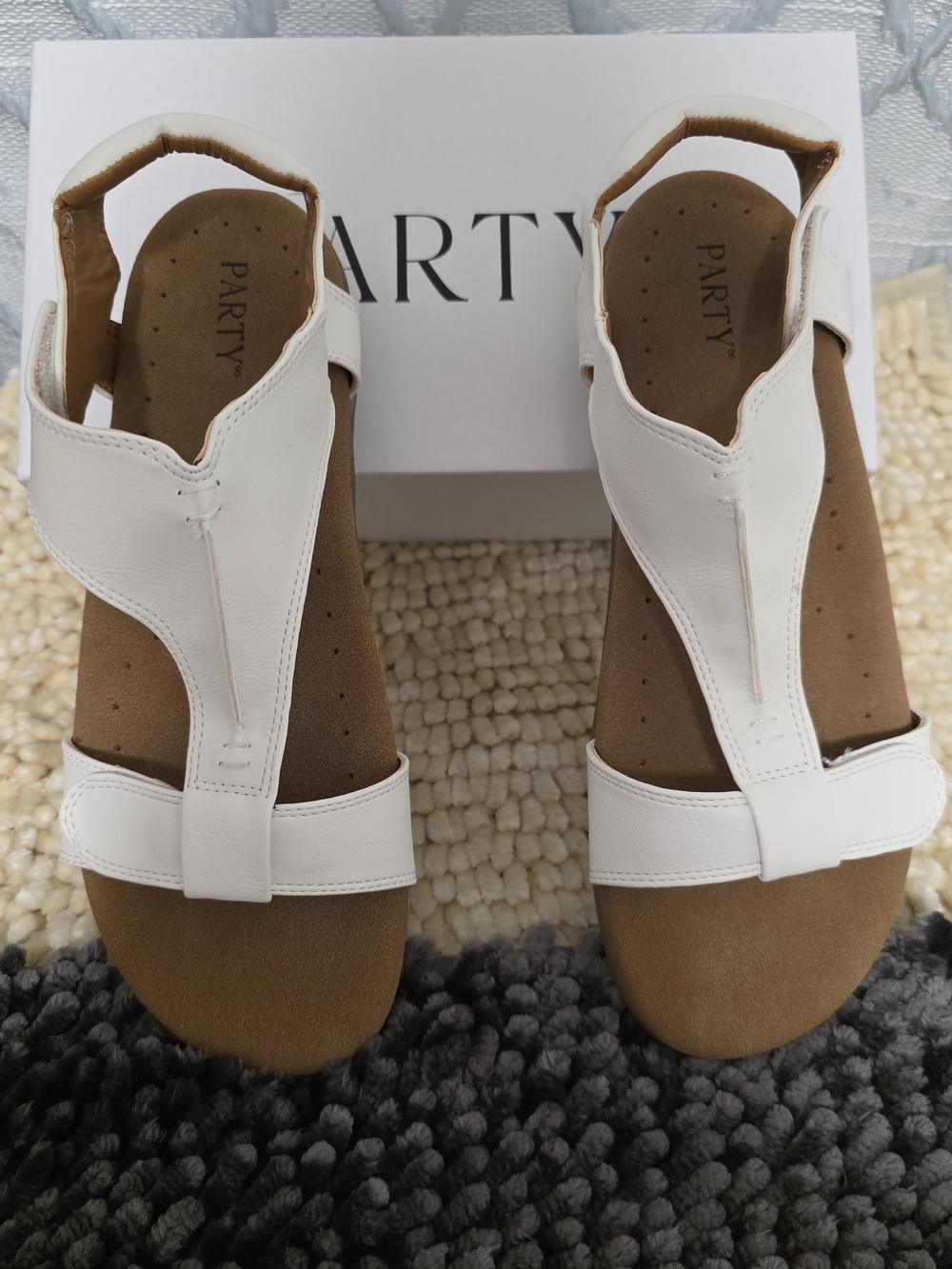 White T-Strap Sandals with Tan Footbed for Women
